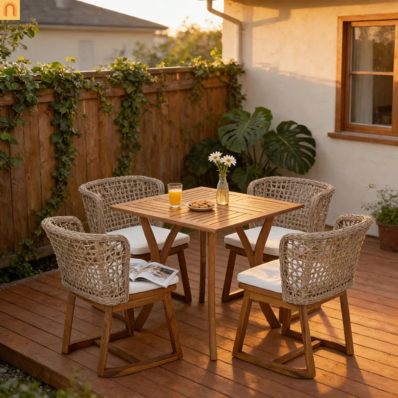 Outdoor Dining Set with Acacia Table and Wicker Chairs and Beige Cushions