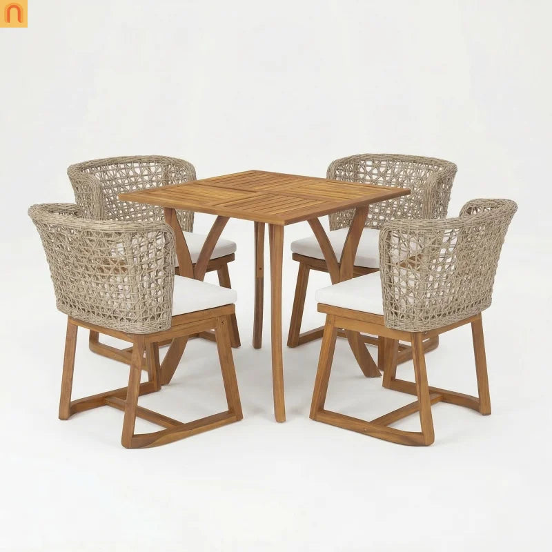 Outdoor Dining Set with Acacia Table and Wicker Chairs and Beige Cushions