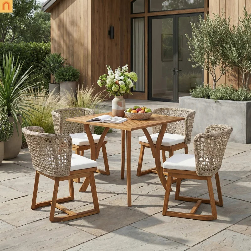 Outdoor Dining Set with Acacia Table and Wicker Chairs and Beige Cushions