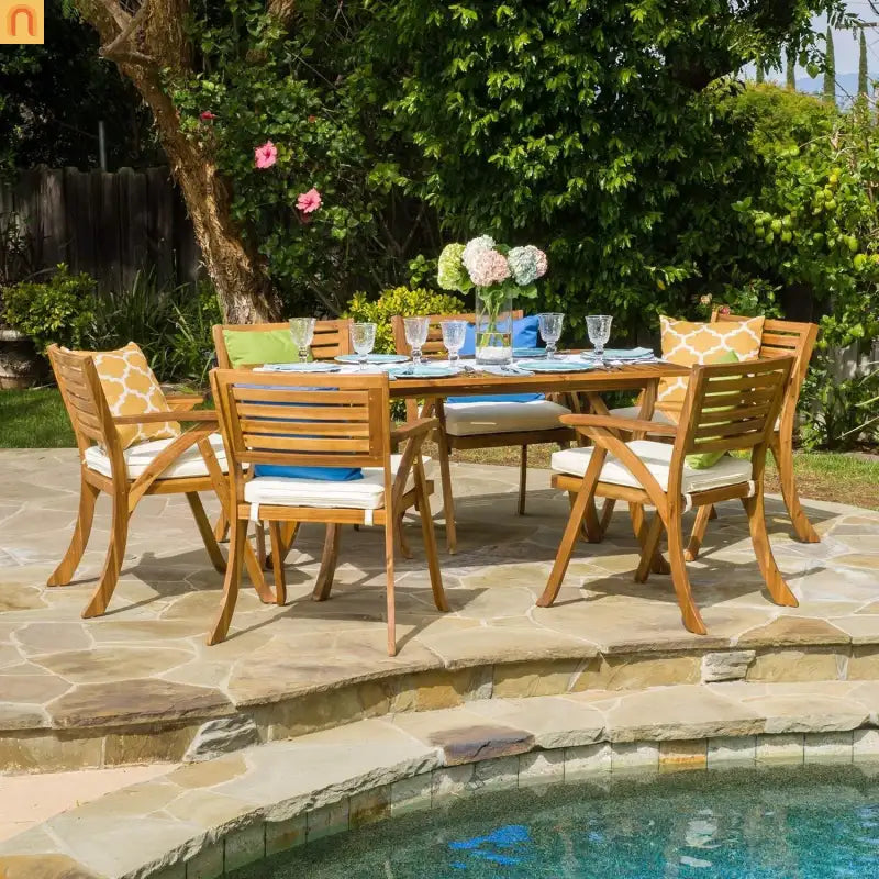 Outdoor Set Hermosa Teak Finish Acacia Wood Cream Cushions 7-piece