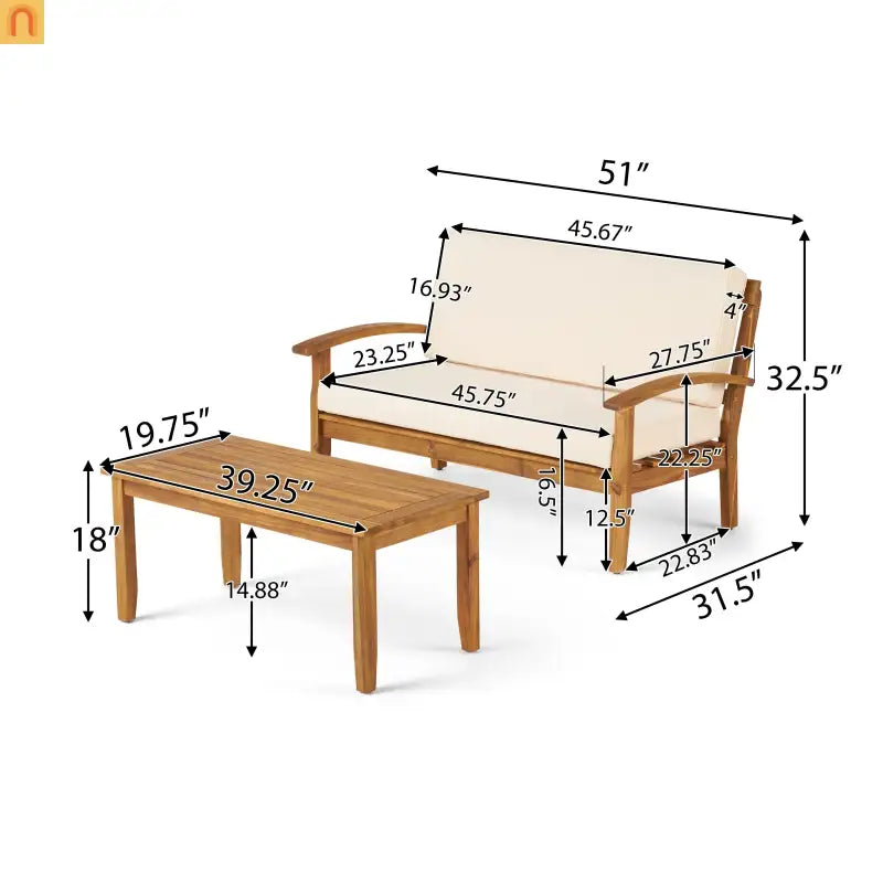 Outdoor Set Modern Teak Acacia Wood Cushions Water Resistant 51in Long
