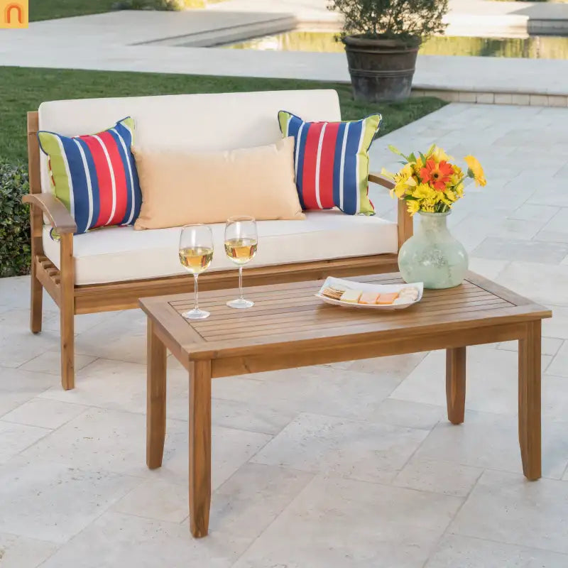Outdoor Set Modern Teak Acacia Wood Cushions Water Resistant 51in Long