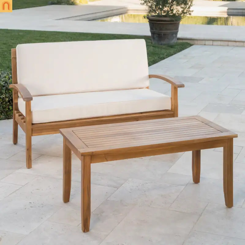 Outdoor Set Modern Teak Acacia Wood Cushions Water Resistant 51in Long