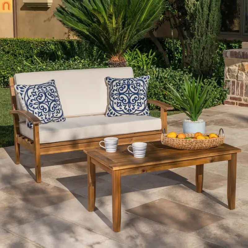 Outdoor Set Modern Teak Acacia Wood Cushions Water Resistant 51in Long