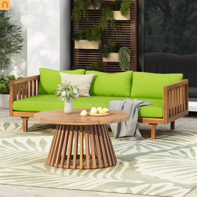 Outdoor Set Patio Acacia Wood Teak Finish 3 Seater Daybed with Table