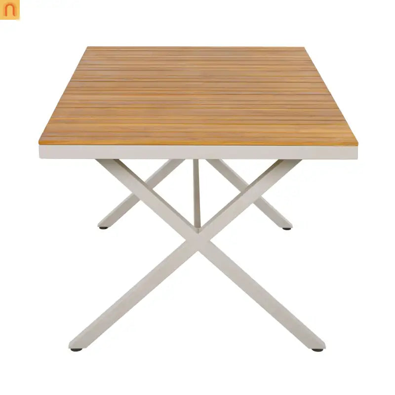 Outdoor Set Rectangular Teak Table Six Wicker Chairs with Cushions Beige Frame