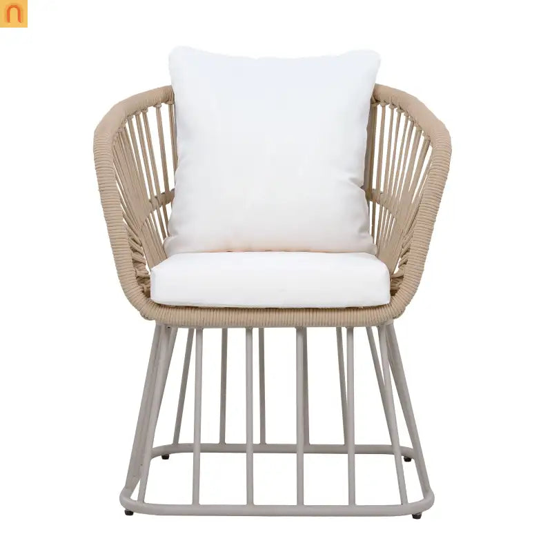 Outdoor Set Rectangular Teak Table Six Wicker Chairs with Cushions Beige Frame
