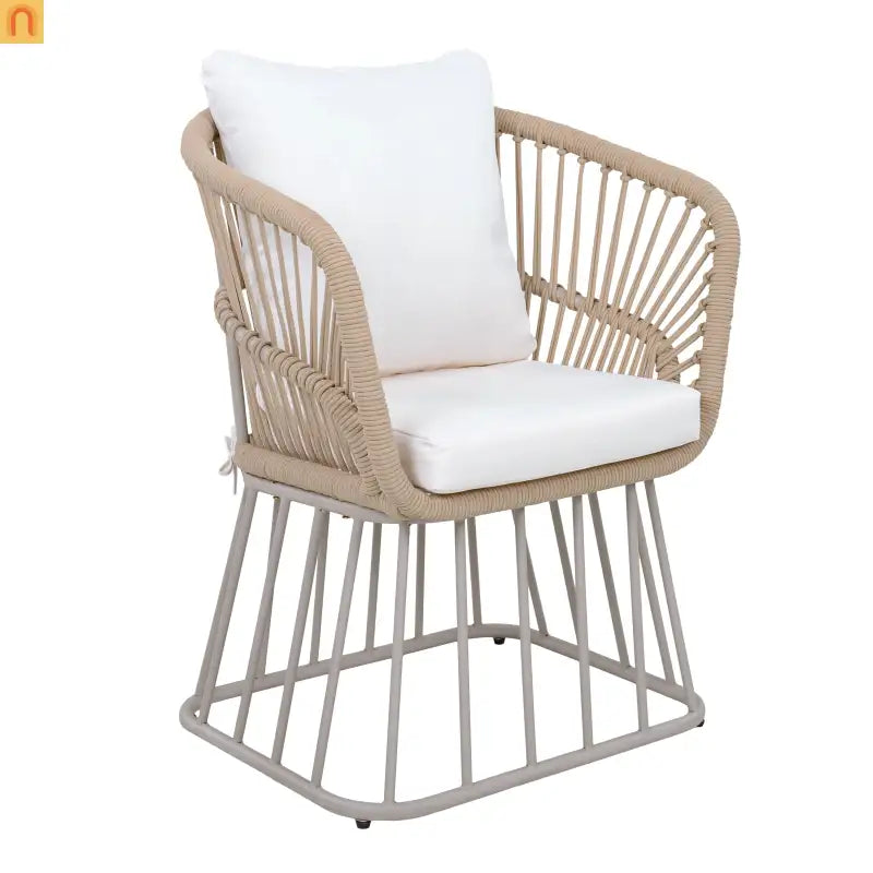 Outdoor Set Rectangular Teak Table Six Wicker Chairs with Cushions Beige Frame
