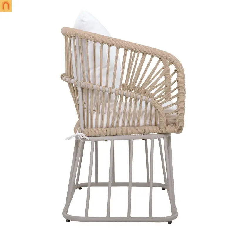 Outdoor Set Rectangular Teak Table Six Wicker Chairs with Cushions Beige Frame