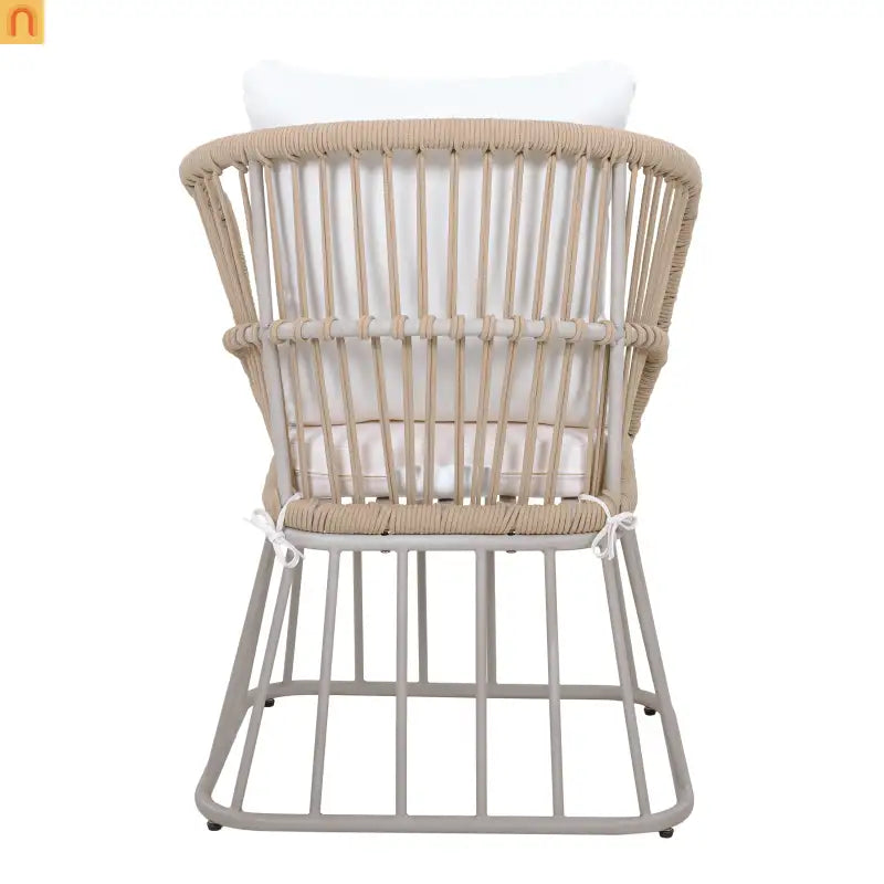 Outdoor Set Rectangular Teak Table Six Wicker Chairs with Cushions Beige Frame