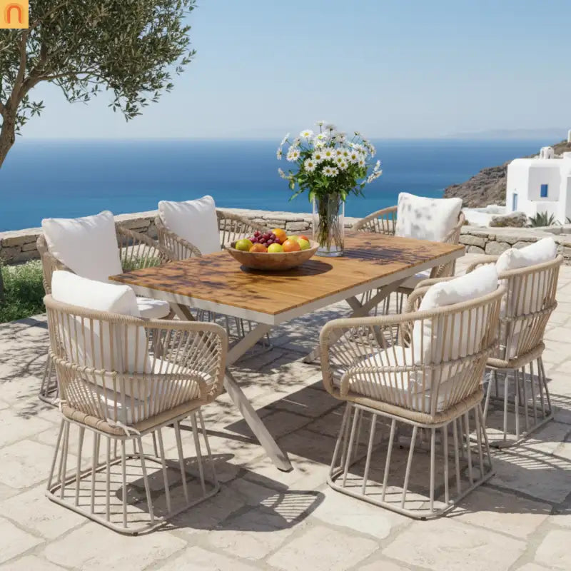 Outdoor Set Rectangular Teak Table Six Wicker Chairs with Cushions Beige Frame