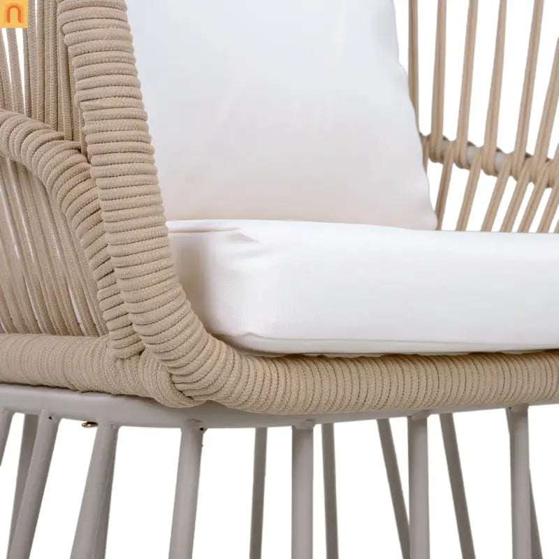 Outdoor Set Rectangular Teak Table Six Wicker Chairs with Cushions Beige Frame