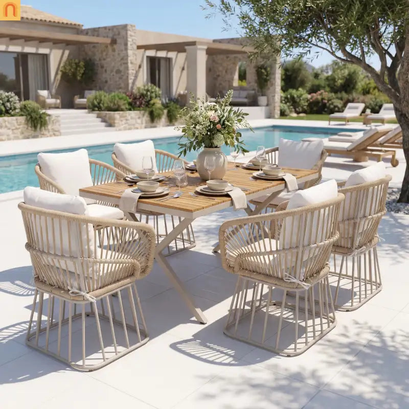 Outdoor Set Rectangular Teak Table Six Wicker Chairs with Cushions Beige Frame