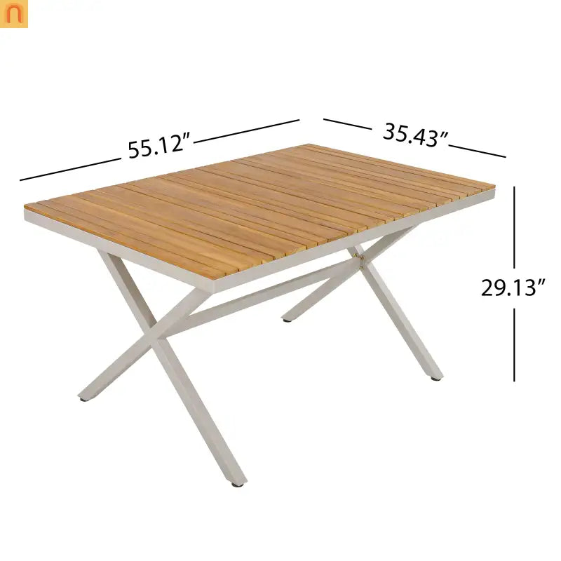 Outdoor Set Rectangular Teak Table Six Wicker Chairs with Cushions Beige Frame