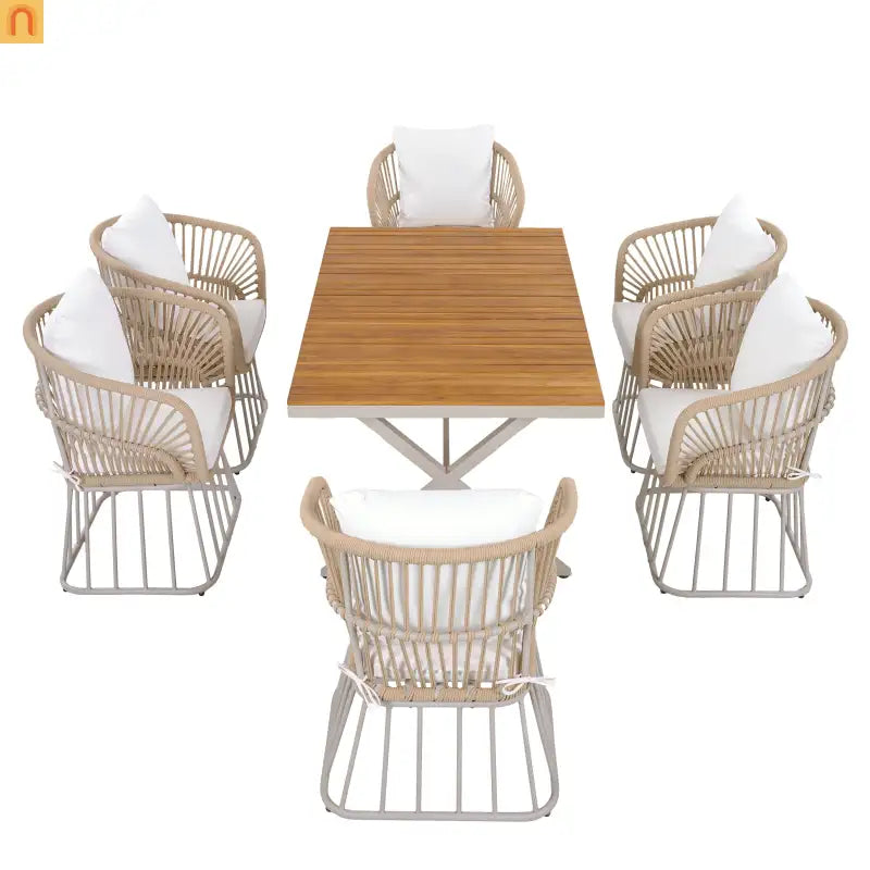 Outdoor Set Rectangular Teak Table Six Wicker Chairs with Cushions Beige Frame