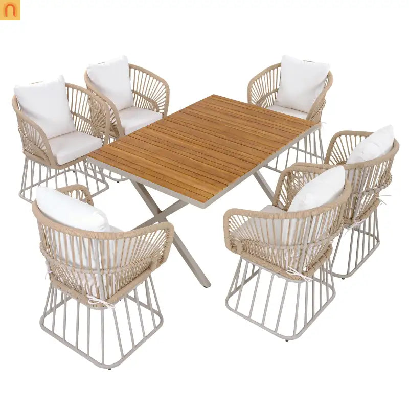 Outdoor Set Rectangular Teak Table Six Wicker Chairs with Cushions Beige Frame