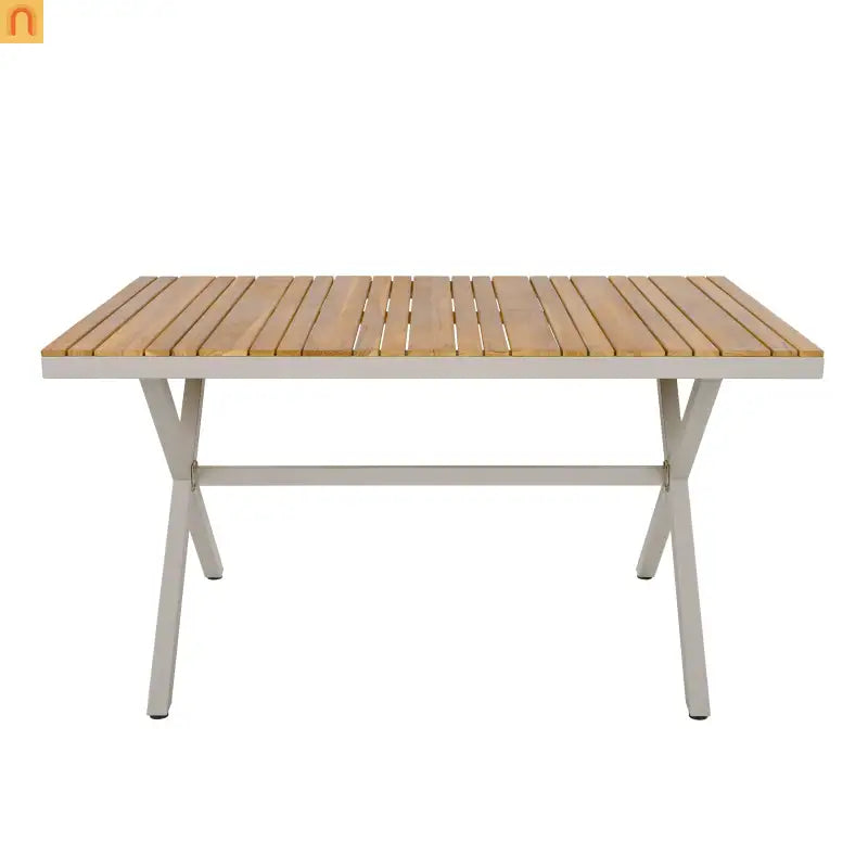 Outdoor Set Rectangular Teak Table Six Wicker Chairs with Cushions Beige Frame