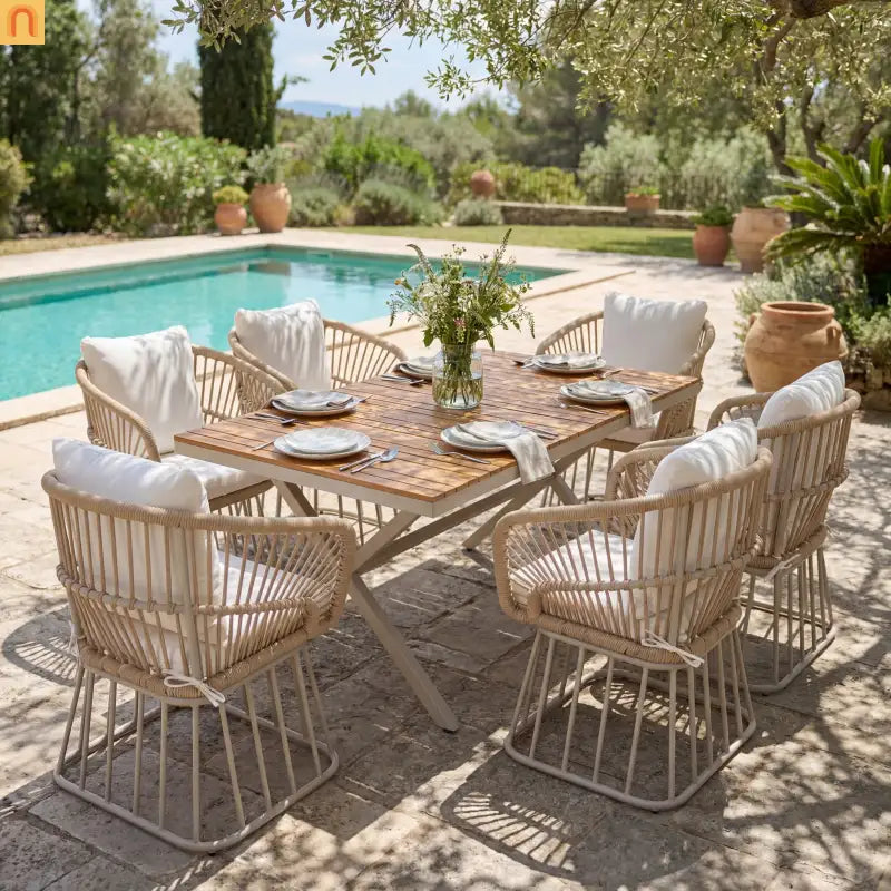 Outdoor Set Rectangular Teak Table Six Wicker Chairs with Cushions Beige Frame
