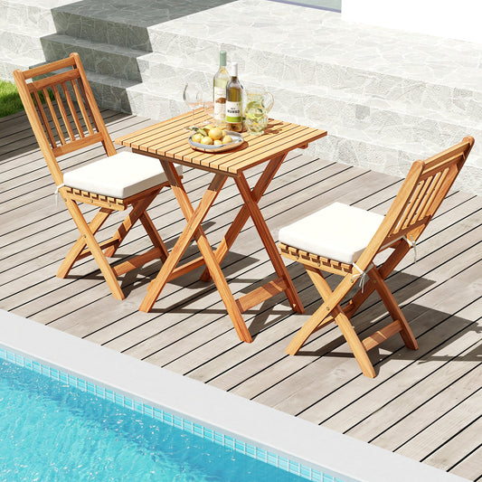 Outdoor Wood Bistro Set with Soft Seat Cushions and Table-White