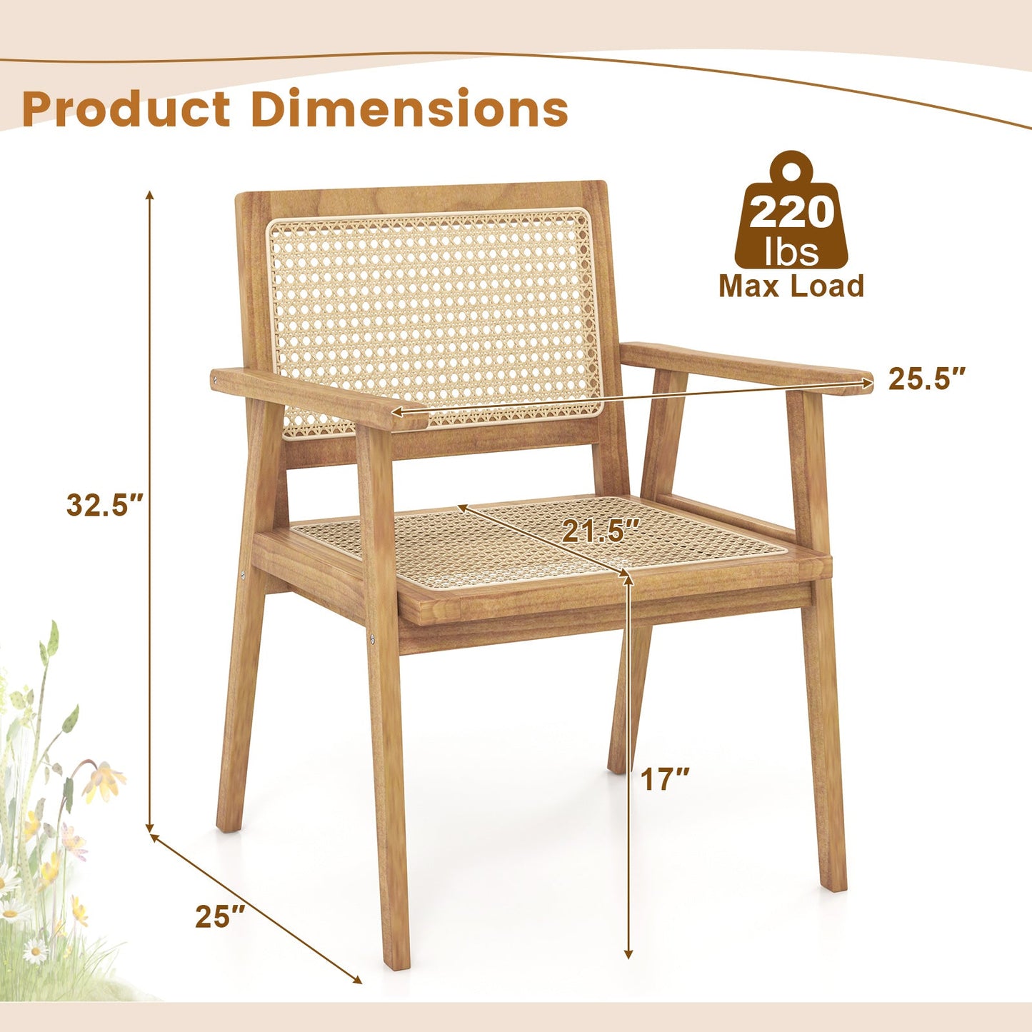 Indonesia Teak Wood Chair with Natural Rattan Seat and Curved Backrest for Backyard Porch Balcony