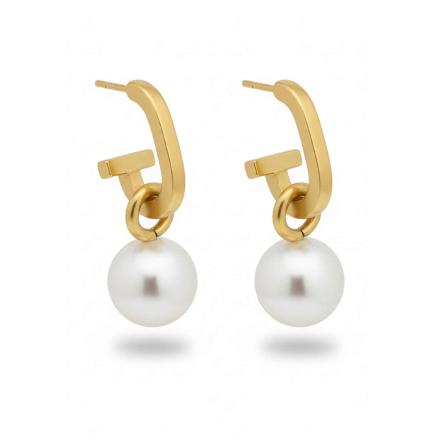 Matte Gold Paperclip and White Pearl Charm Earrings