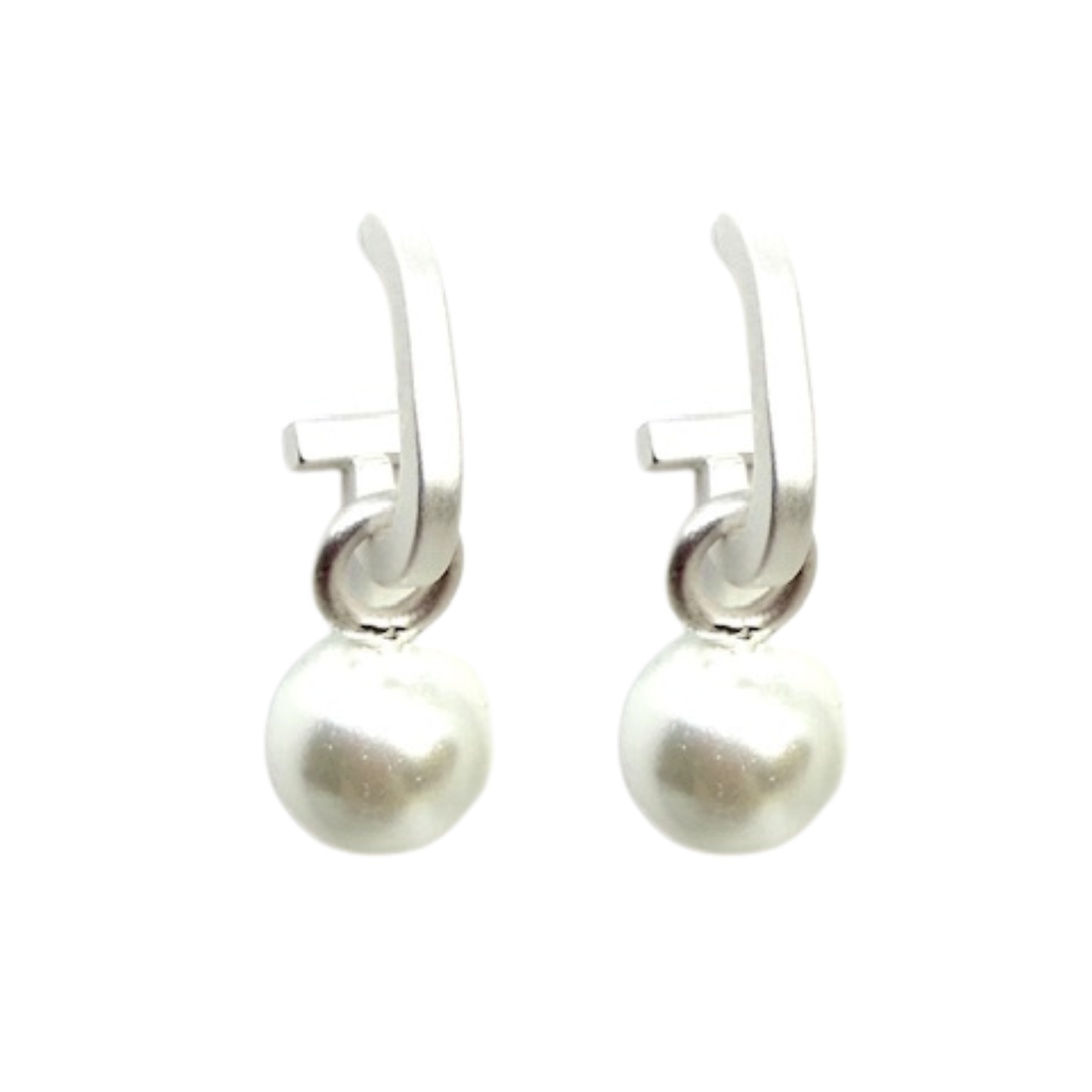 Matte Silver Paperclip and White Pearl Charm Earrings