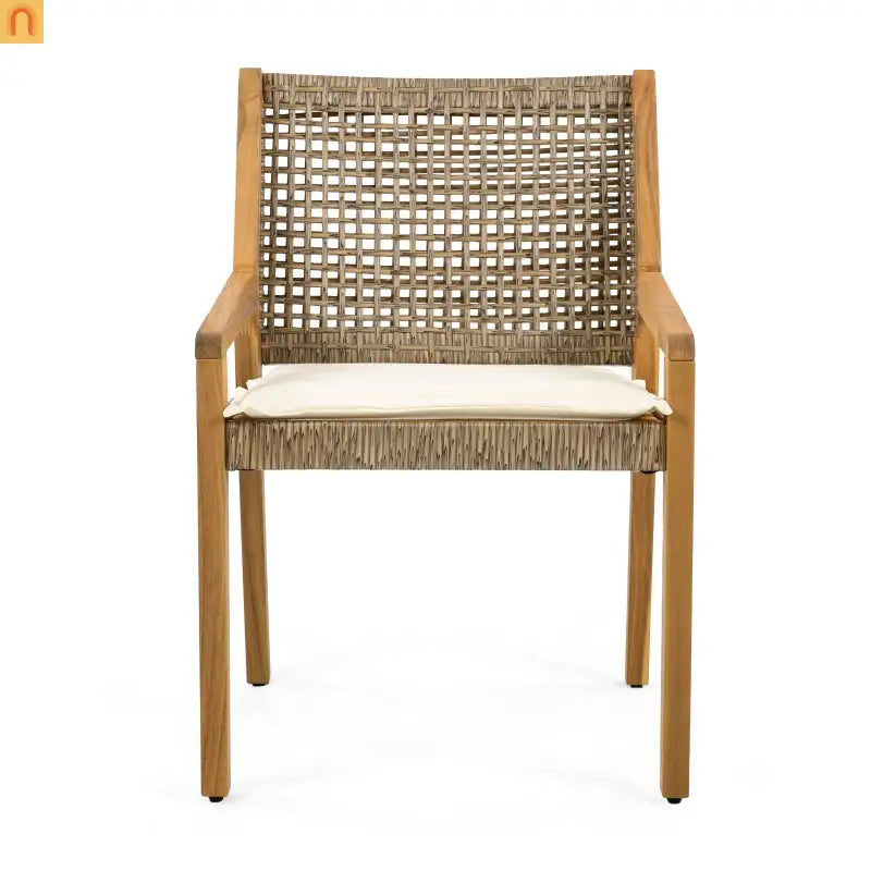 Patio Set Contemporary Teak Finish Acacia Wood Wicker Cream Cushions