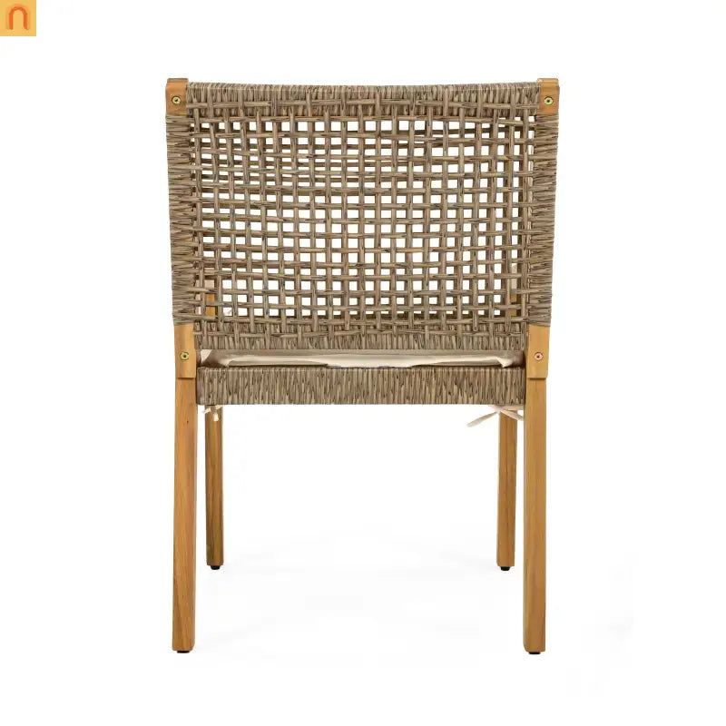 Patio Set Contemporary Teak Finish Acacia Wood Wicker Cream Cushions
