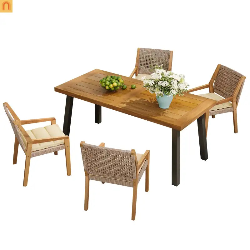 Patio Set Contemporary Teak Finish Acacia Wood Wicker Cream Cushions