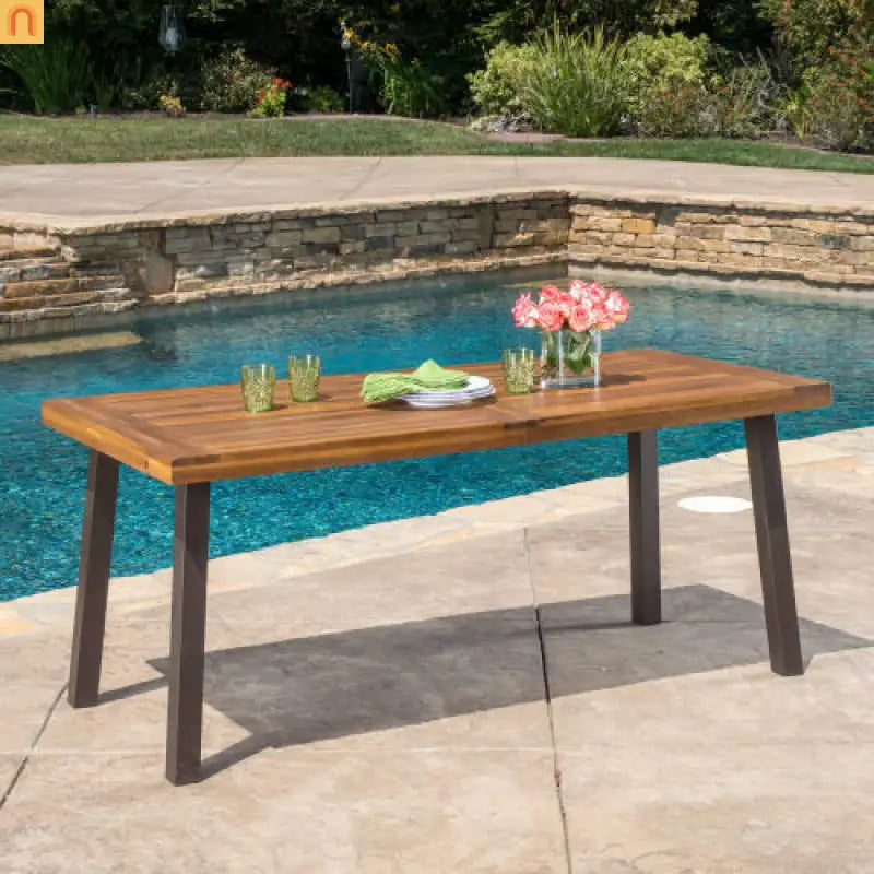 Patio Set Contemporary Teak Finish Acacia Wood Wicker Cream Cushions
