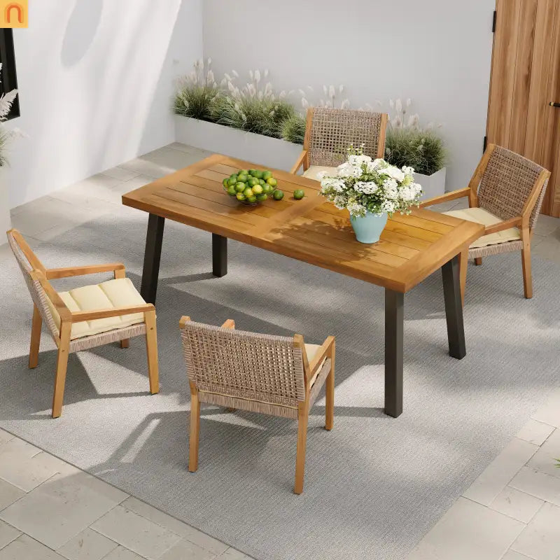 Patio Set Contemporary Teak Finish Acacia Wood Wicker Cream Cushions