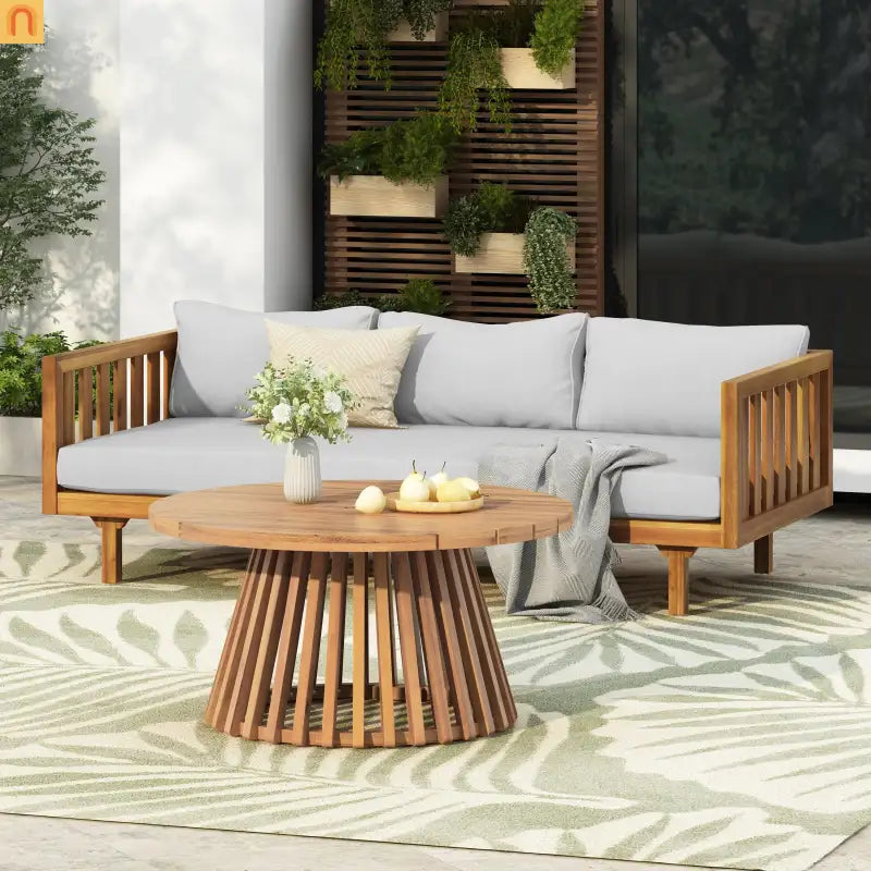 Patio Set Modern Acacia Wood Table Teak Finish 3-seater Daybed Upholstered