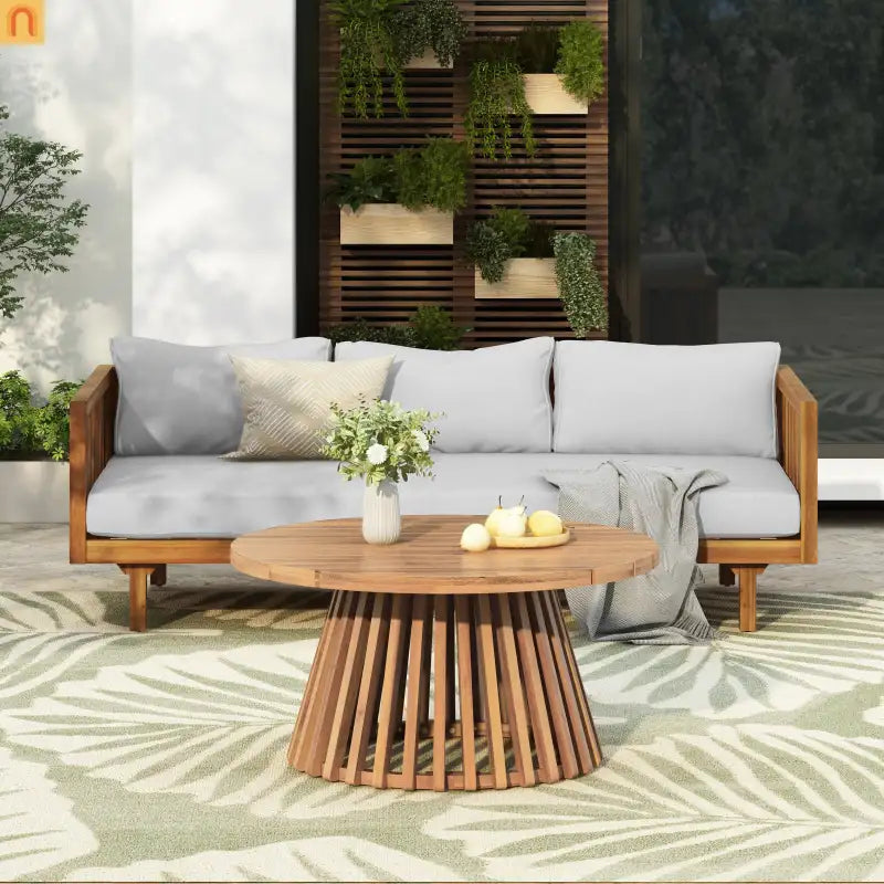 Patio Set Modern Acacia Wood Table Teak Finish 3-seater Daybed Upholstered