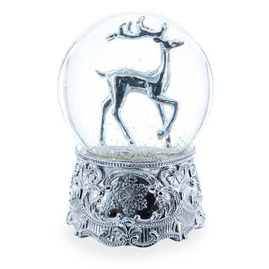 Silver Reindeer Serenade Musical Christmas Water Snow Globe
