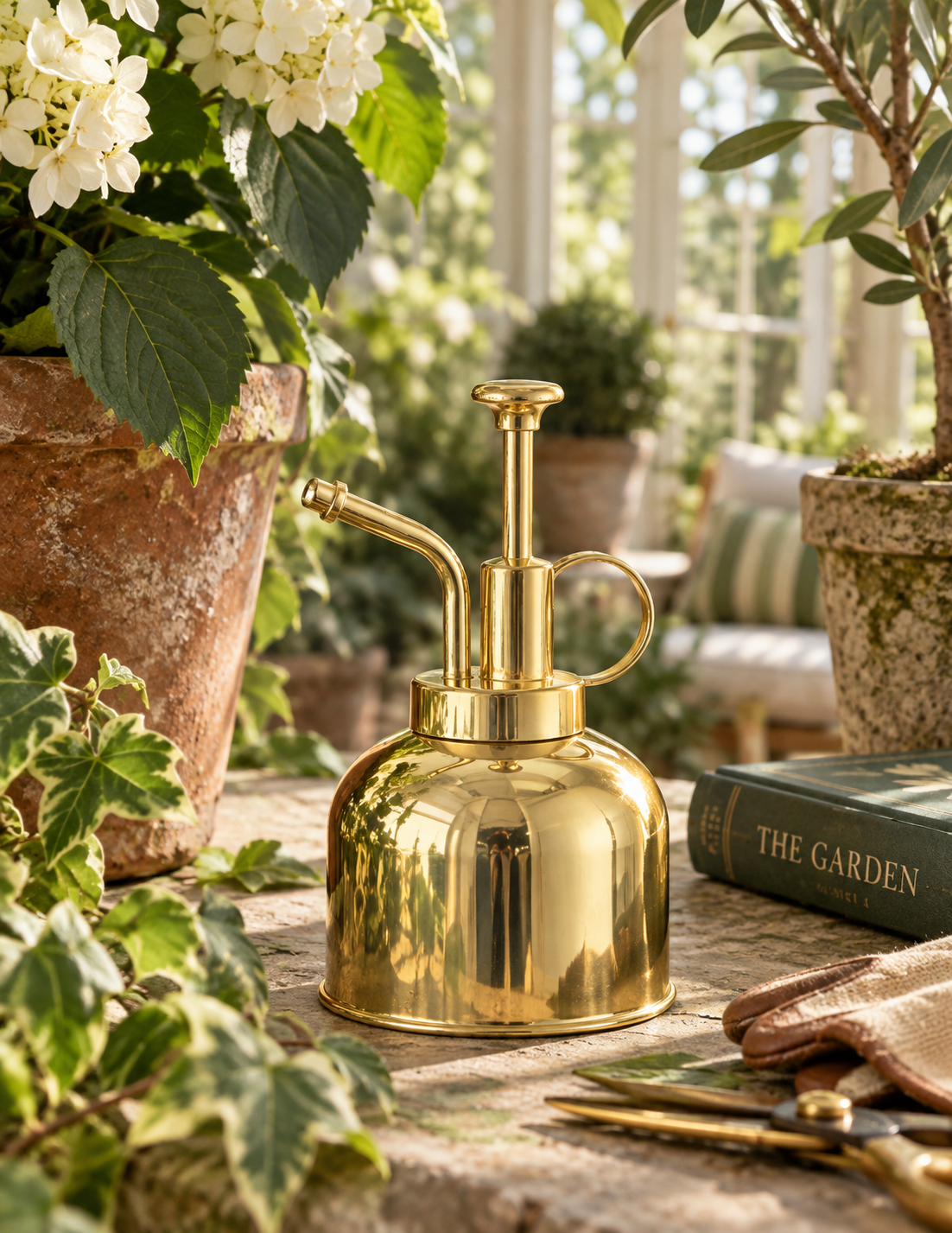 A polished brass garden watering can with a pump and curved spout, displayed on a stone patio surrounded by potted plants, gardening gloves, and a book.
