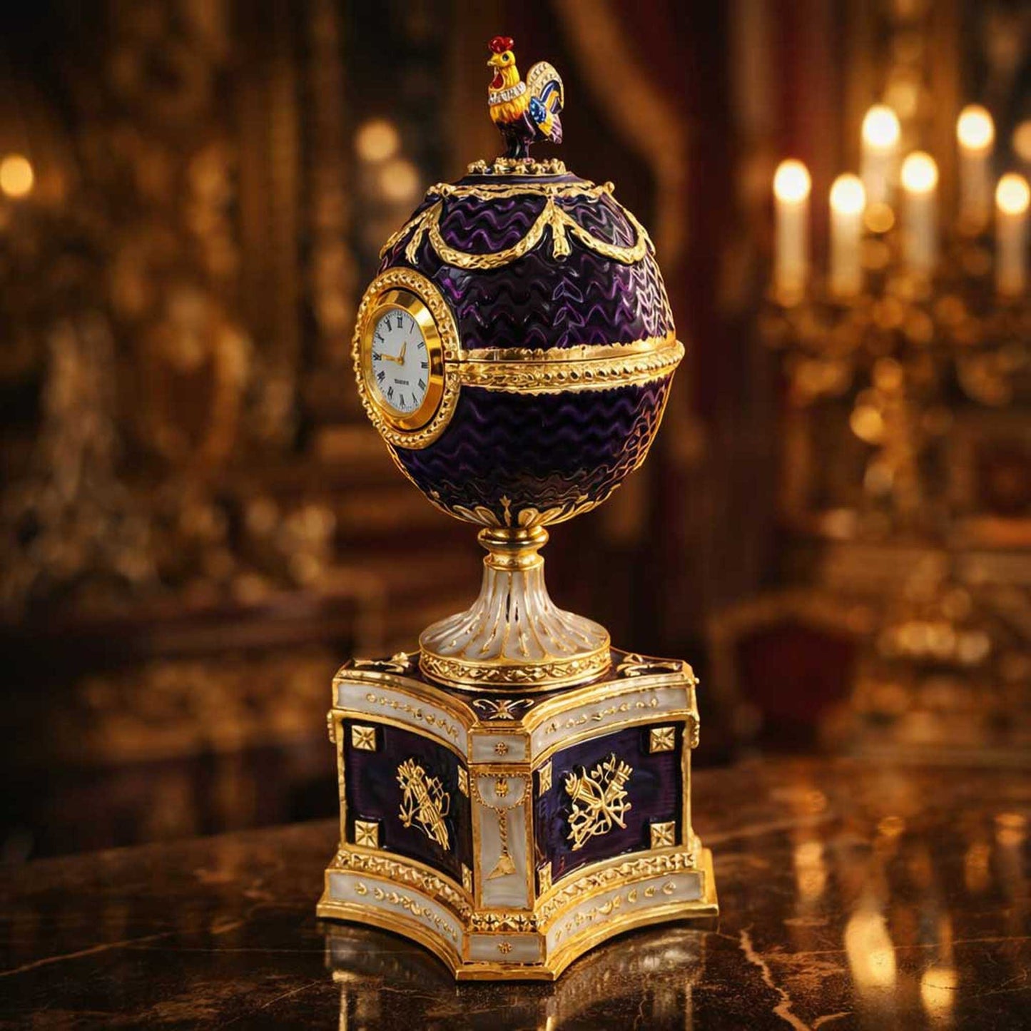 1904 Kelch Chanticleer Royal Imperial Musical Easter Egg in Purple Enamel