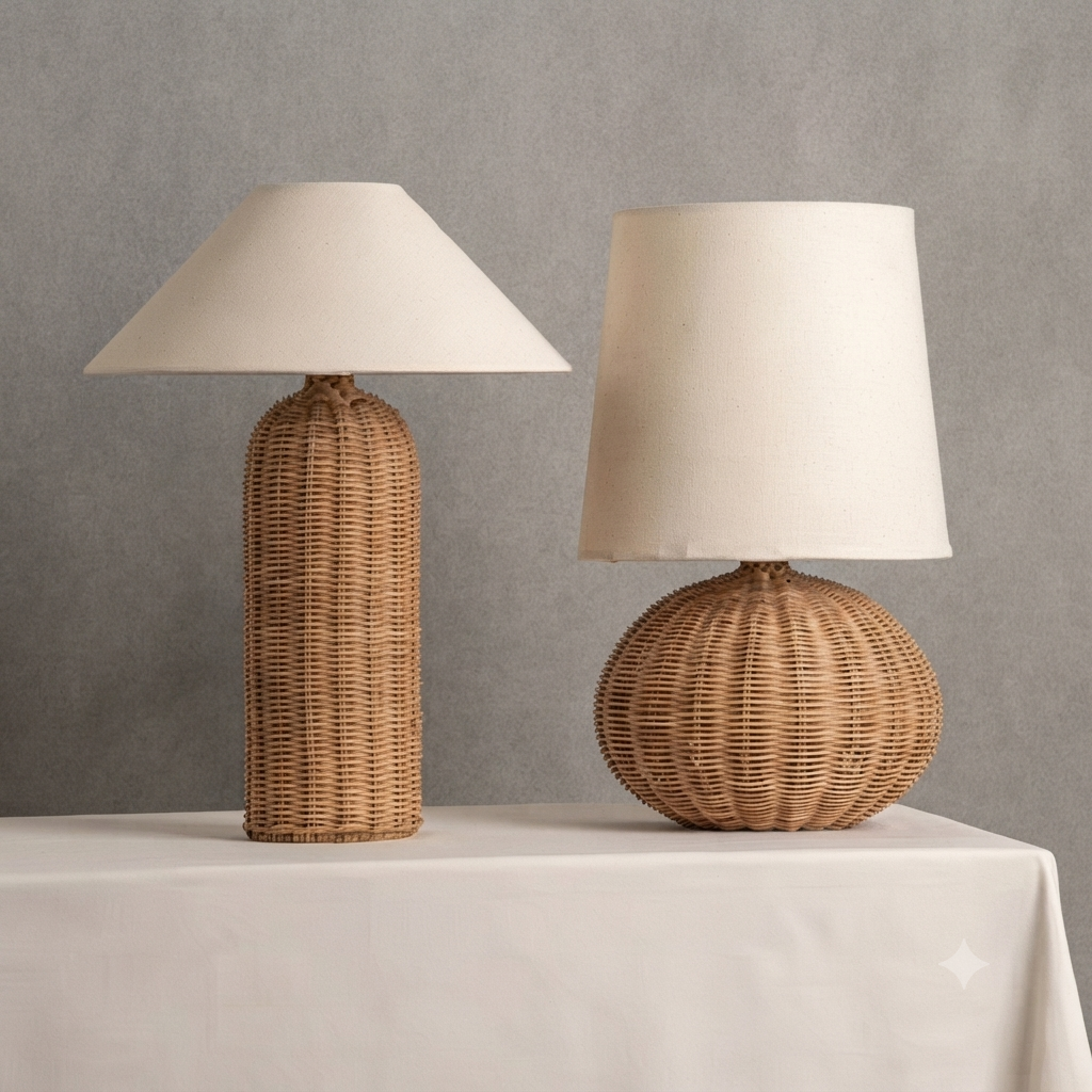 Handwoven Rattan Table Lamp with Linen Shade