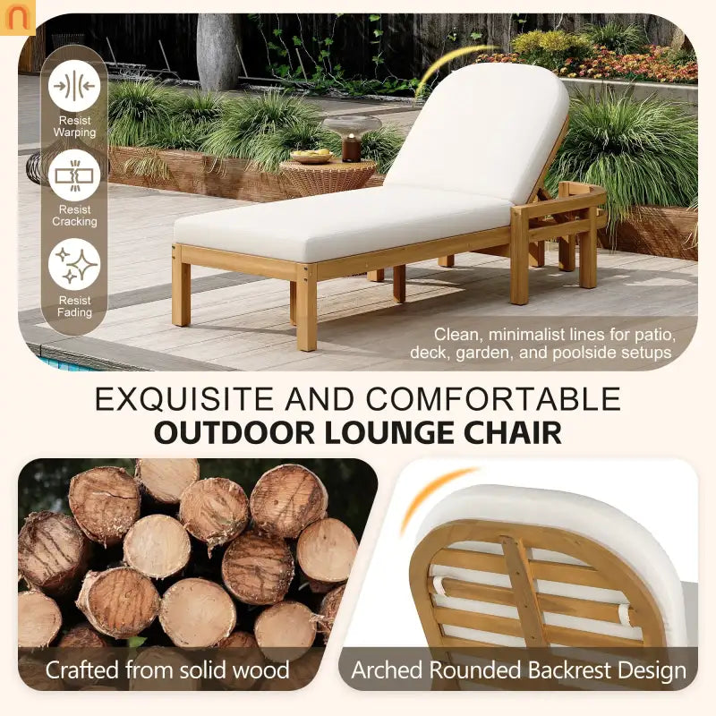 Recliner Outdoor Chaise Lounge Acacia Wood Light Teak Adjustable Backrest 78in