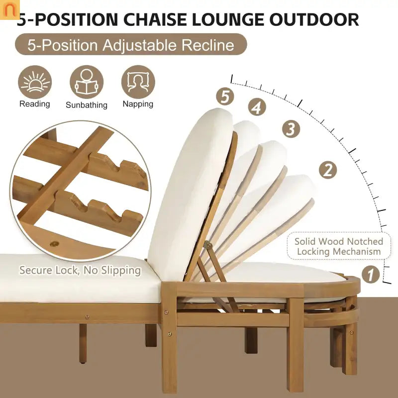 Recliner Outdoor Chaise Lounge Acacia Wood Light Teak Adjustable Backrest 78in