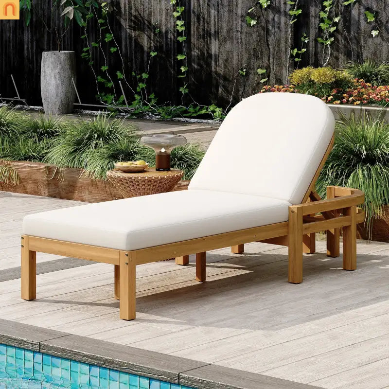 Recliner Outdoor Chaise Lounge Acacia Wood Light Teak Adjustable Backrest 78in