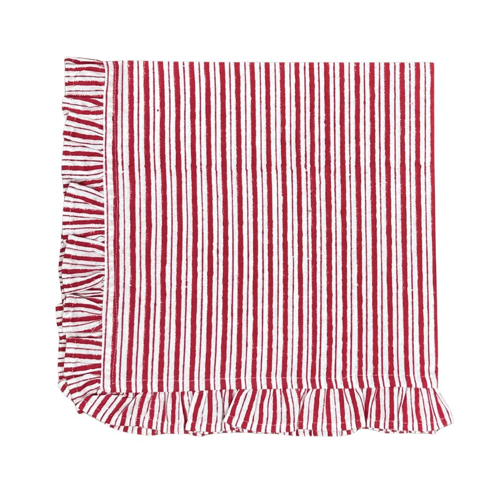 A square textile item, likely a napkin or small tablecloth, featuring a vertical red and white stripe pattern with fringed edges on all sides, shown flat against a white background.