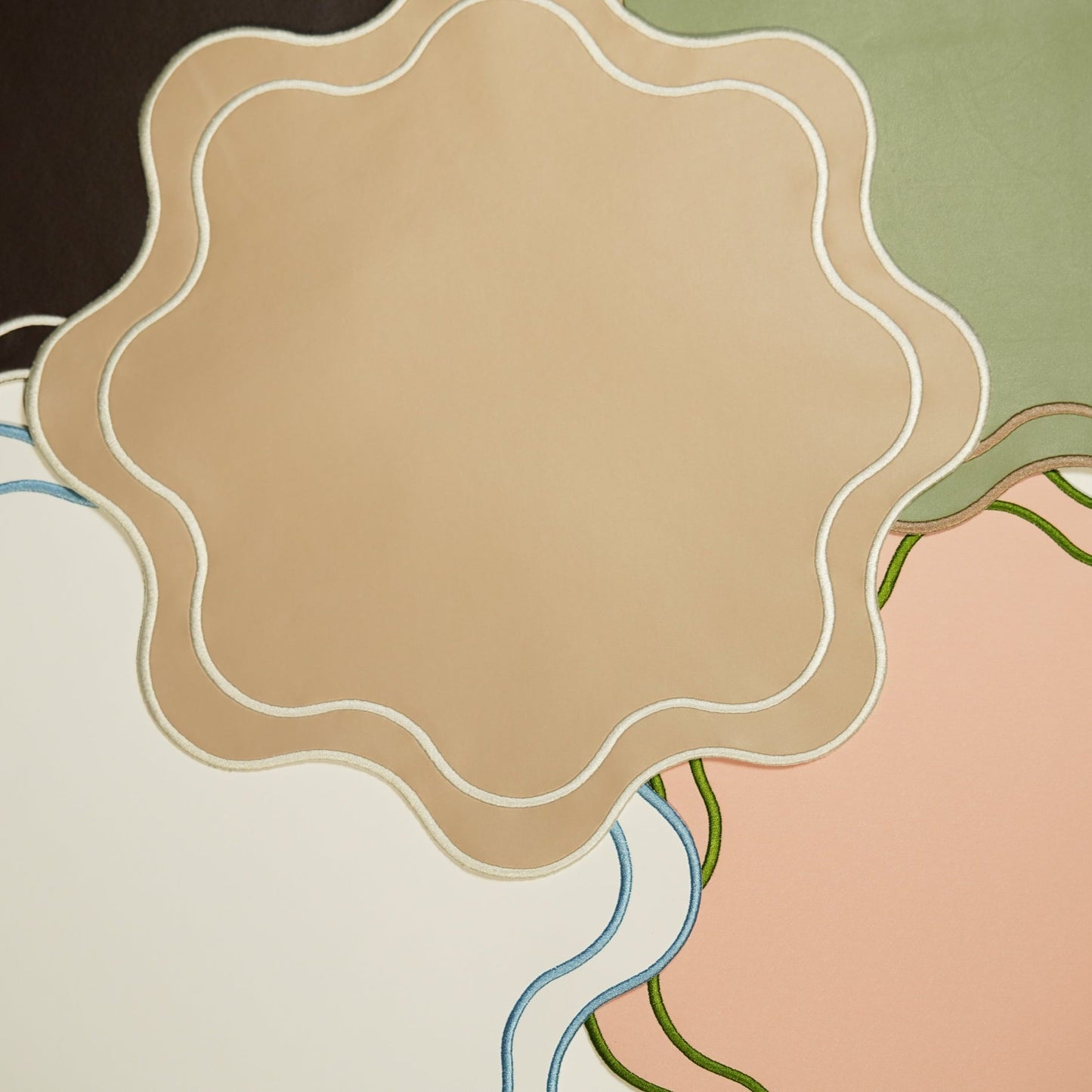 HAVEN DARK GREEN BROWN TRIM WAVY EDGE FAUX LEATHER PLACEMAT (Set Of 4)