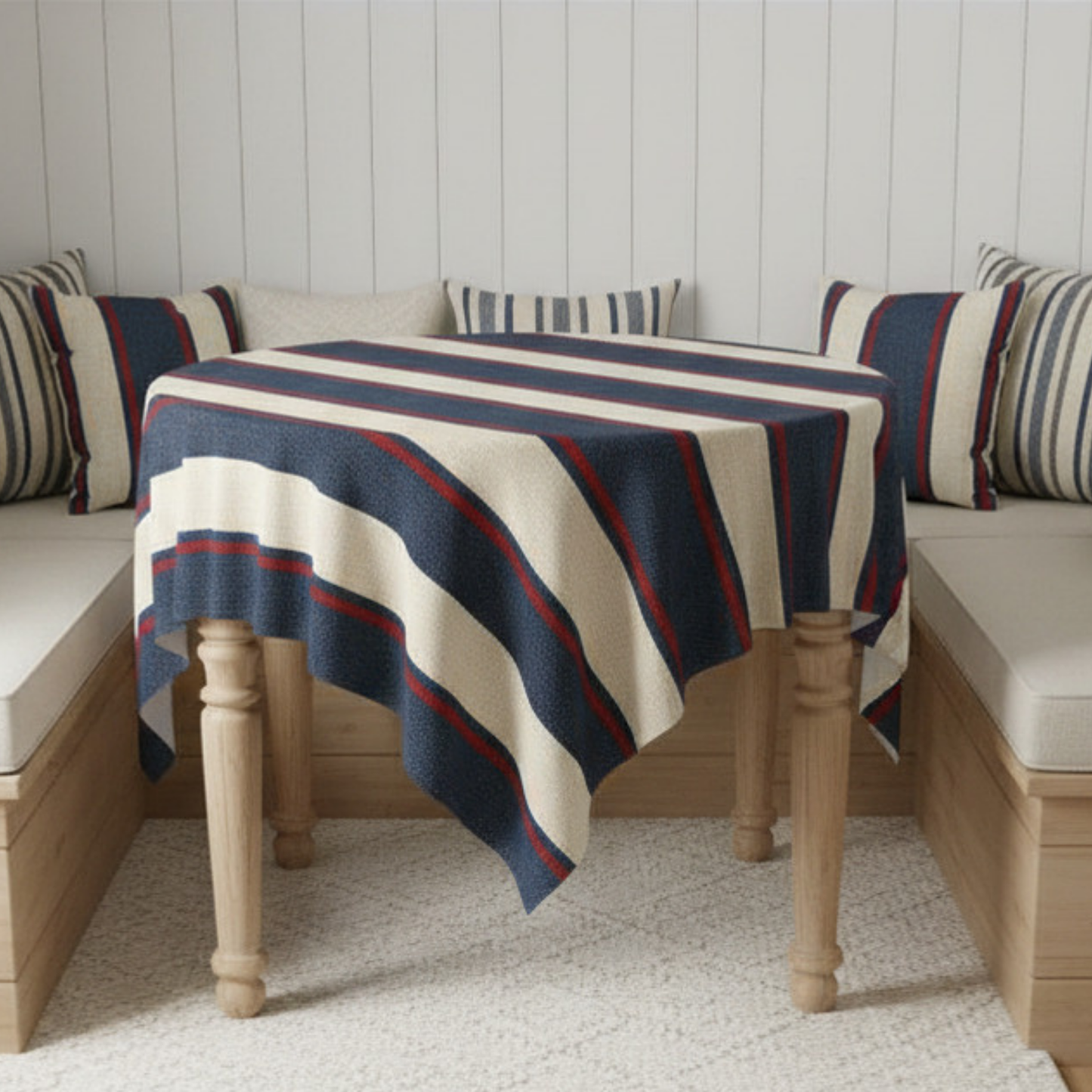 Coastal Regatta Cabana Stripe Tablecloth - Bold red, ivory, and navy cabana stripes inspired by vintage sailing clubs, coastal summers, and timeless East Coast entertaining. Designed to bring a...