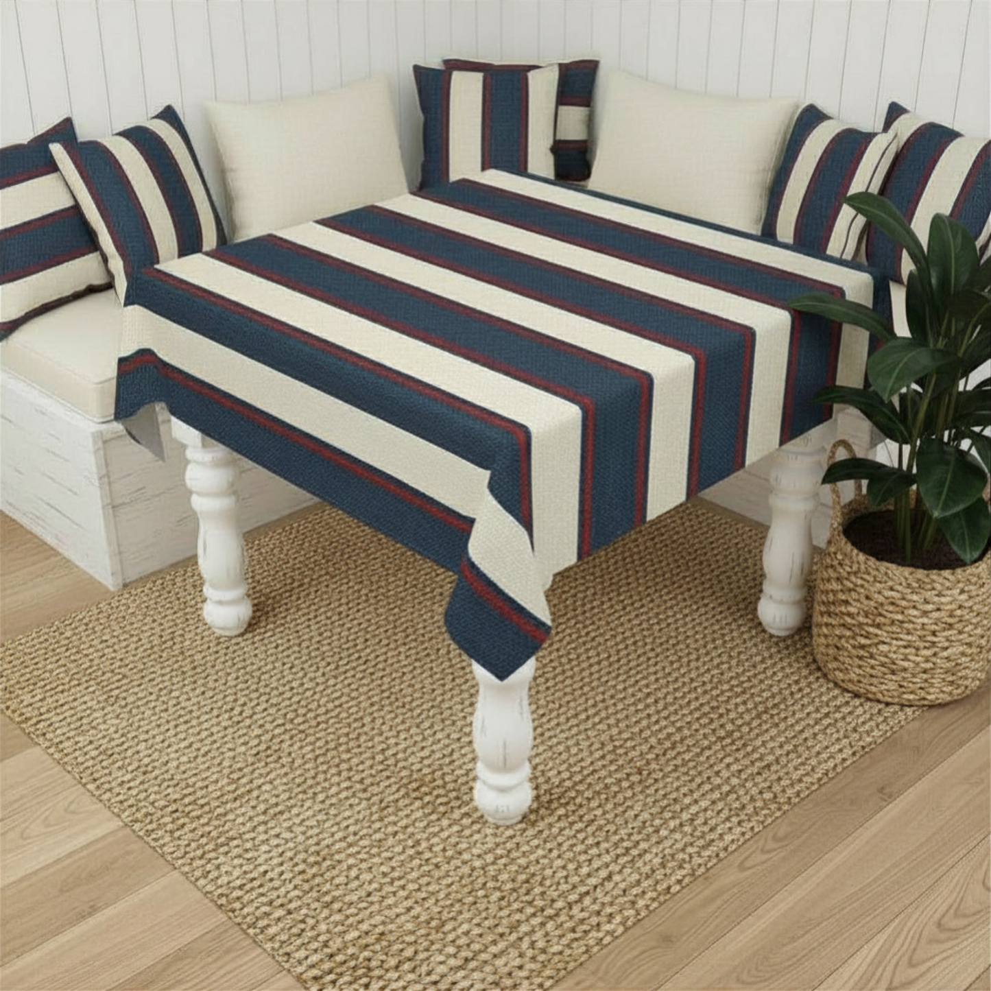 Coastal Regatta Cabana Stripe Tablecloth - Bold red, ivory, and navy cabana stripes inspired by vintage sailing clubs, coastal summers, and timeless East Coast entertaining. Designed to bring a...