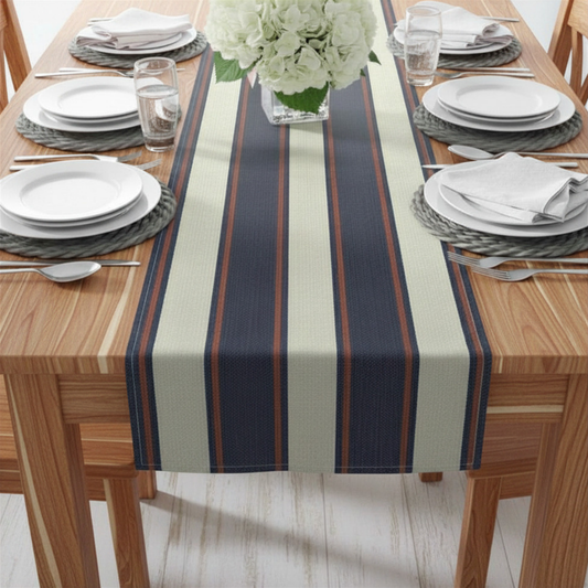 Coastal Regatta Cabana Stripe Table Runner - Classic cabana stripes in heritage red, ivory, and navy bring a polished coastal touch to everyday dining, summer gatherings, and elegant seaside entertaining.