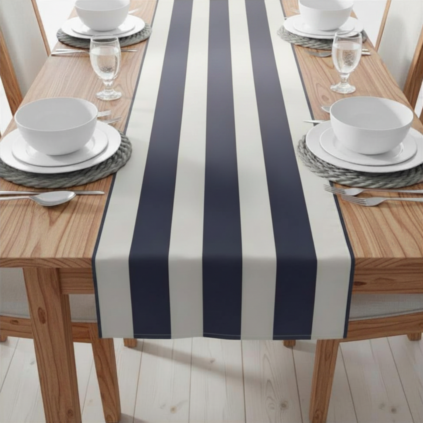 Harbor Cabana Stripe Table Runner - Timeless navy and ivory cabana stripes inspired by coastal yacht clubs, crisp seaside linens, and relaxed East Coast entertaining. Designed for effortless layering from everyday dining to elevated summer tablescapes.
