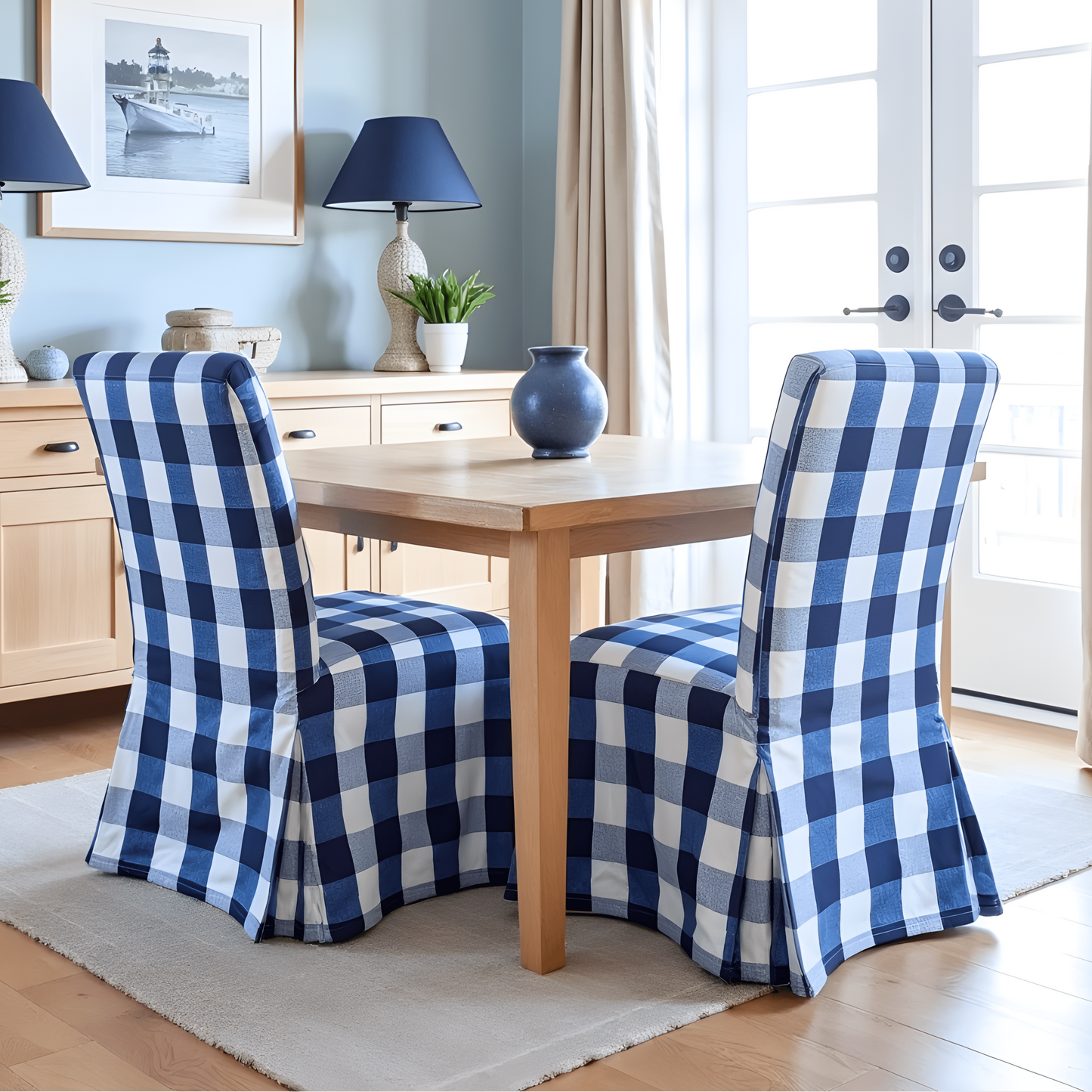 Navy Buffalo Check Plaid Floor-Length Slipcovers for IKEA Henriksdal USA (Set of 2)