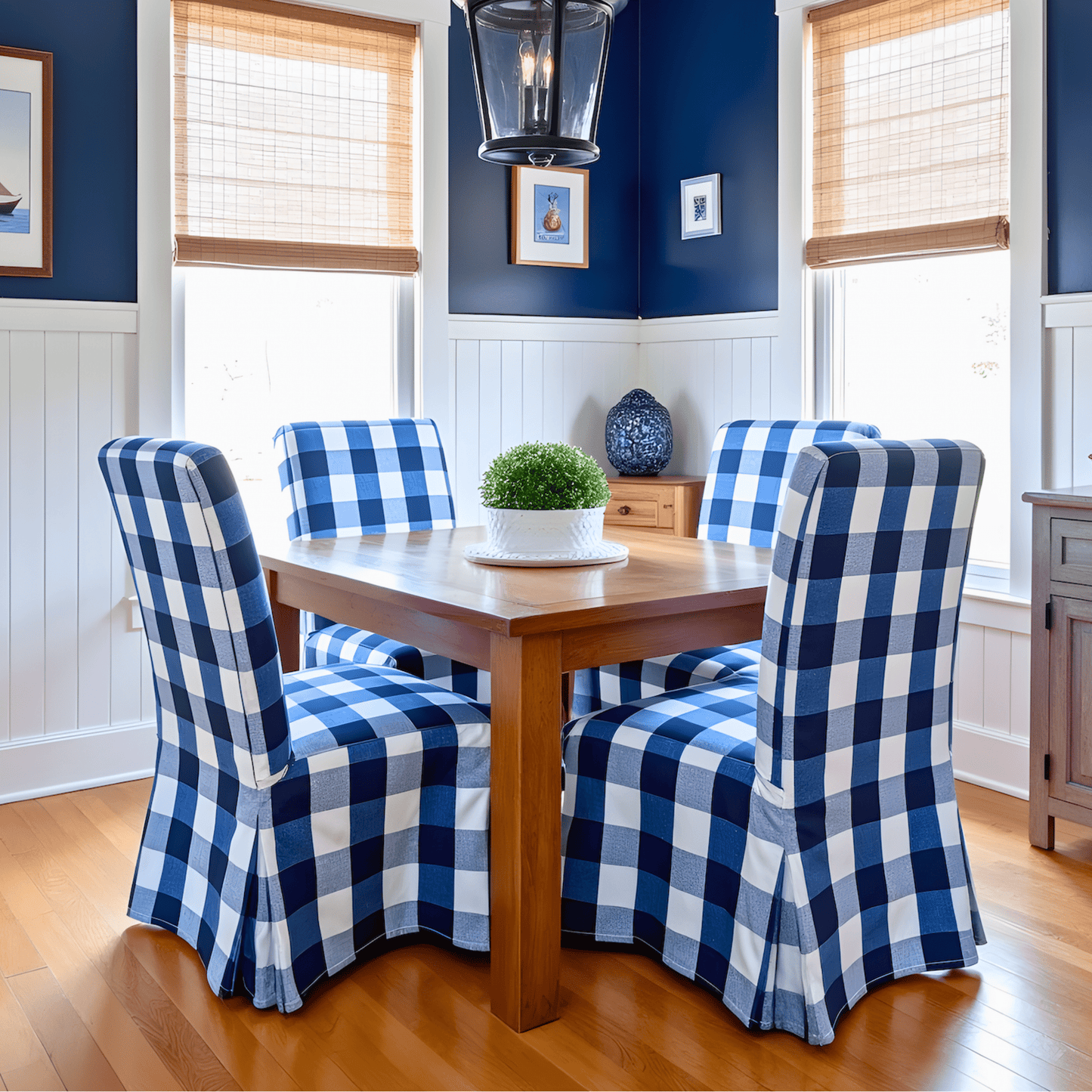 Navy Buffalo Check Plaid Floor-Length Slipcovers for IKEA Henriksdal USA (Set of 2)