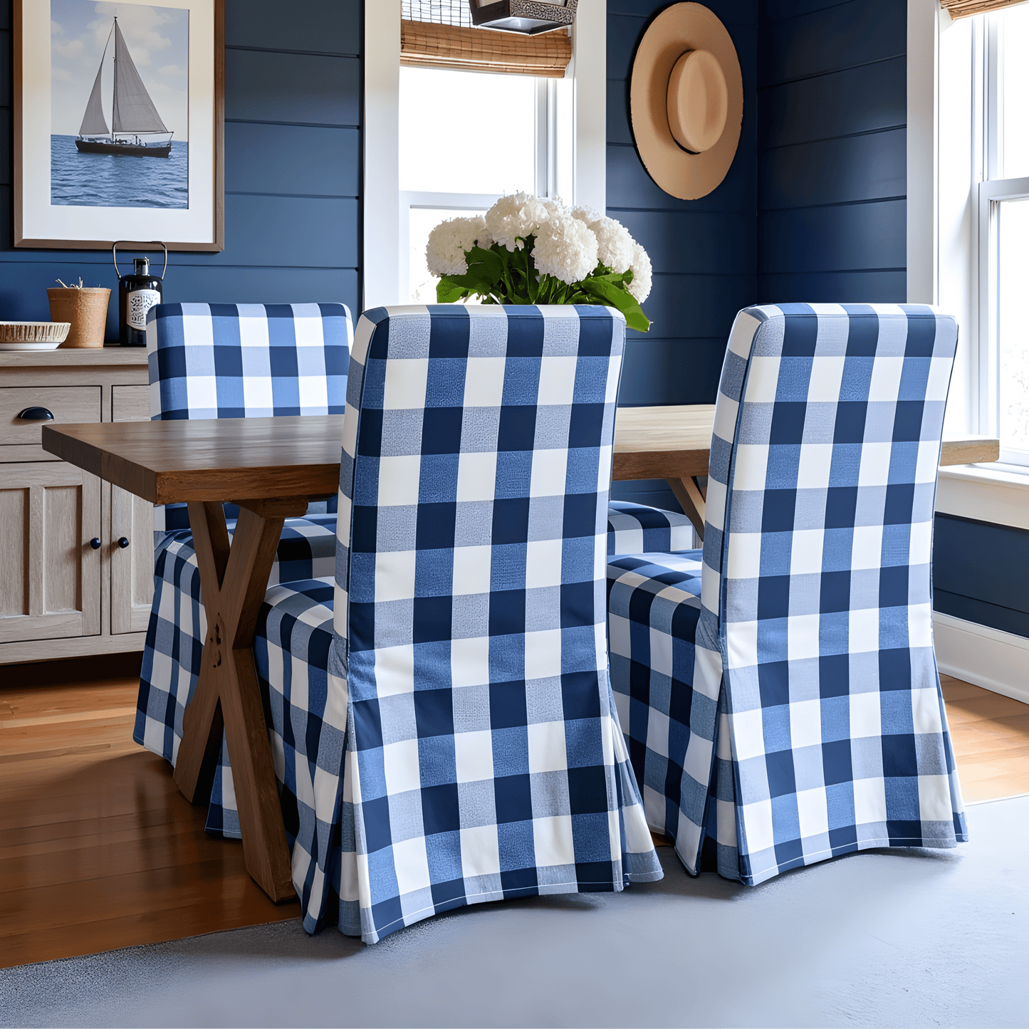 Navy Buffalo Check Plaid Floor-Length Slipcovers for IKEA Henriksdal USA (Set of 2)