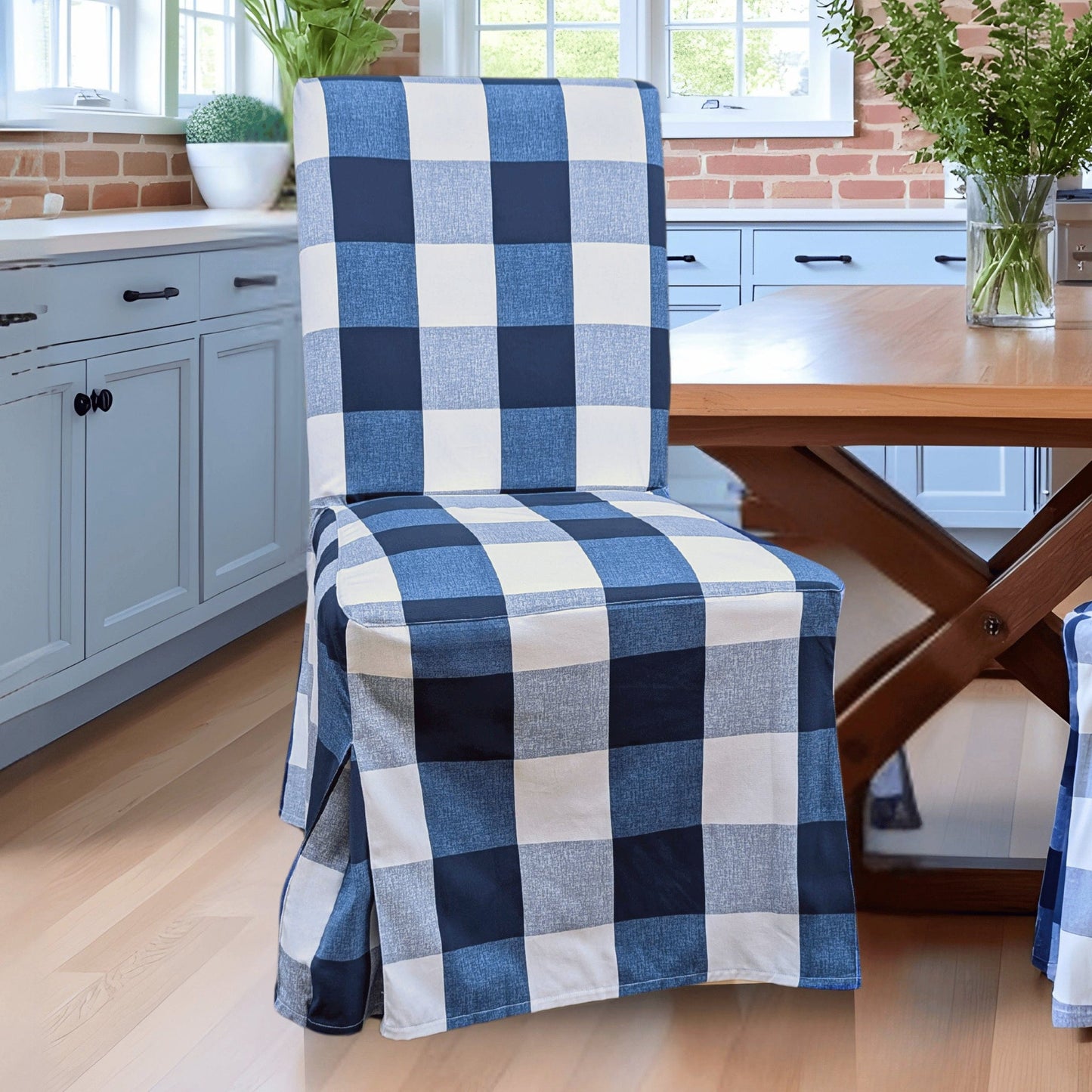 Navy Buffalo Check Plaid Floor-Length Slipcovers for IKEA Henriksdal USA (Set of 2)